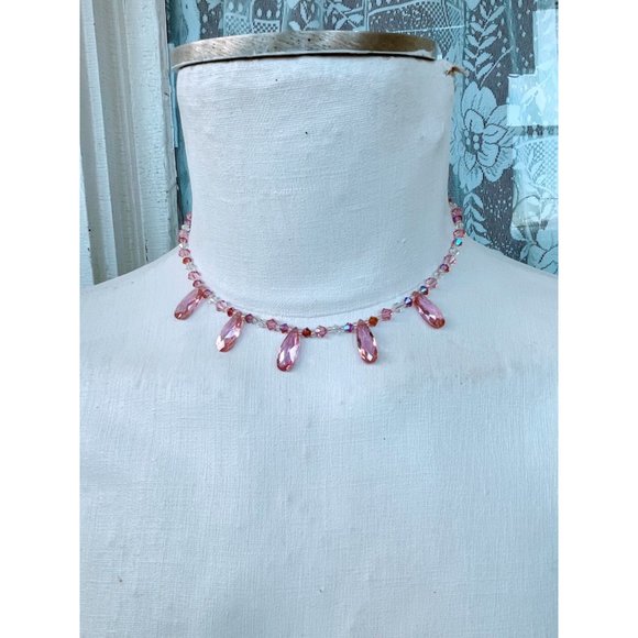Sterling Silver Pink AB Glass Bead Necklace earrings Set - Picture 3 of 11